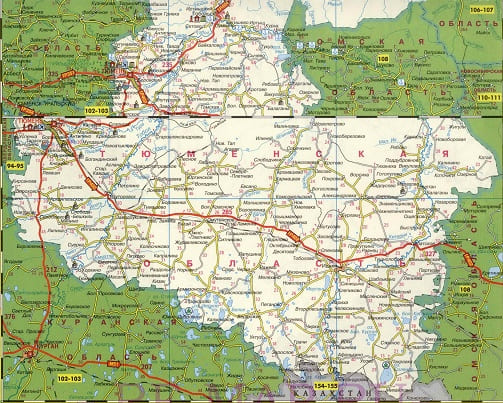 Карта автодорог Тюменской области. Автовокзалы, автостанции, справочные телефоны.